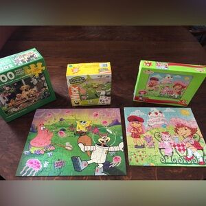 3 Jigsaw Puzzles, 5 & up, SpongeBob, Strawberry Shortcake, Dogs Cats Rabbits etc